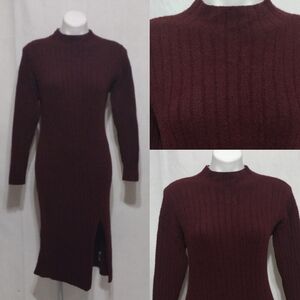 Aerie Ribbed Knit Midi Dress Mock Neck Long Sleeve Bodycon Side Slit Chic Medium